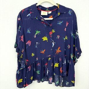 Maeve Navy Floral Butterfly Print Peplum Blouse